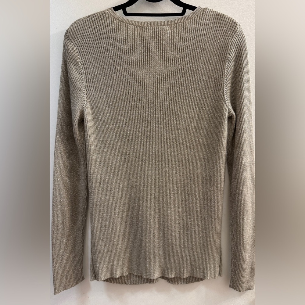 Lauren Ralph Lauren Gold Metallic V-Neck Sweater XL Shimmer Ribbed Knit - Picture 6 of 11